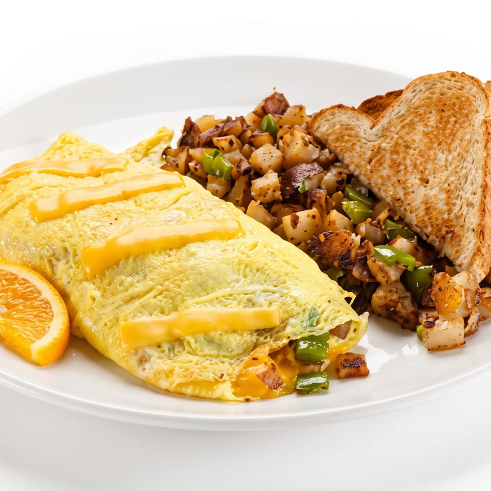 A cheese omelet with home fries, toast, and an orange slice on a white plate.