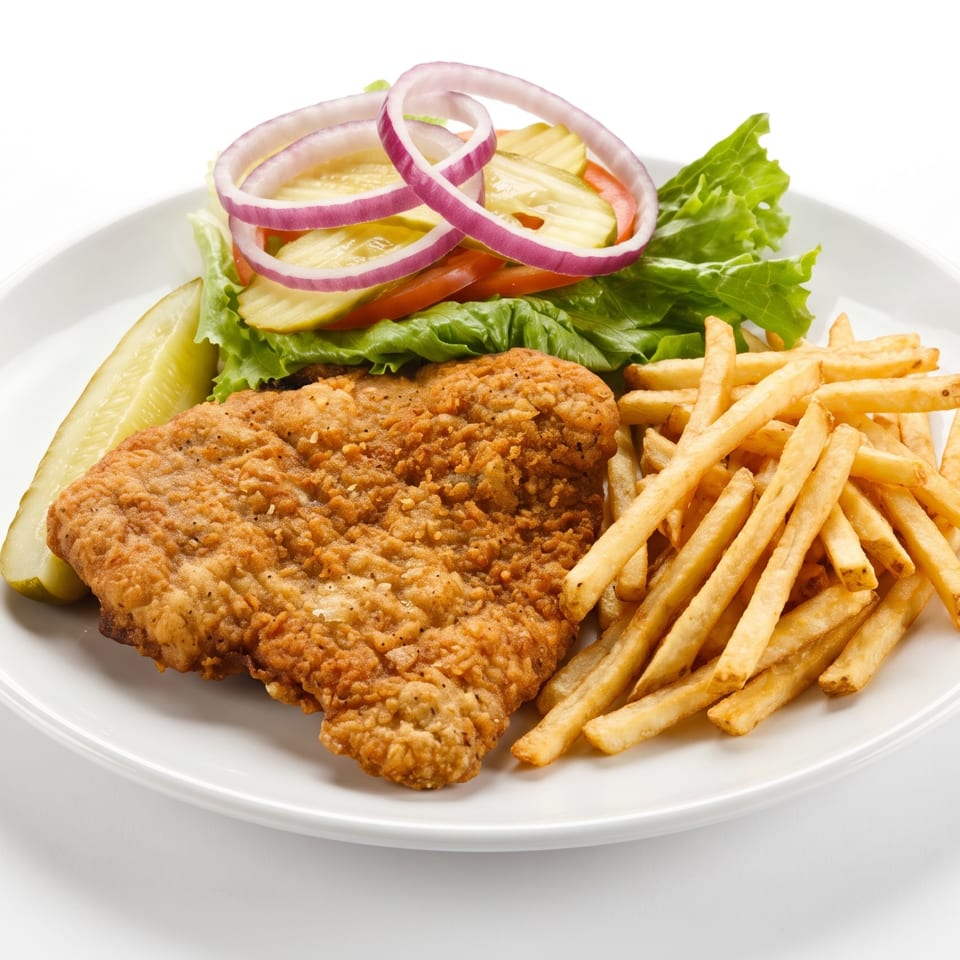 Crispy fried chicken cutlet with golden french fries, a pickle spear, and a fresh salad.