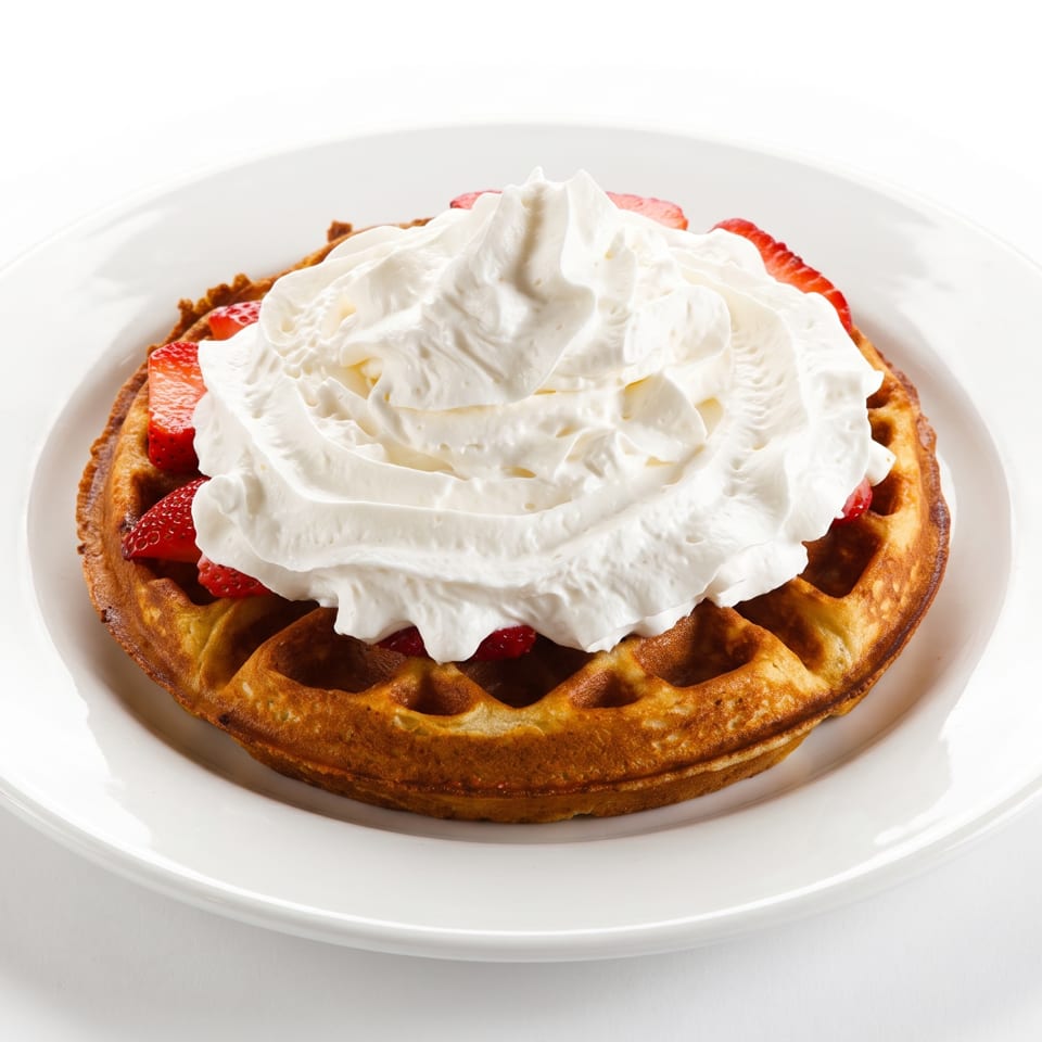 Golden waffle topped with sliced strawberries and a generous dollop of whipped cream on a white plate.