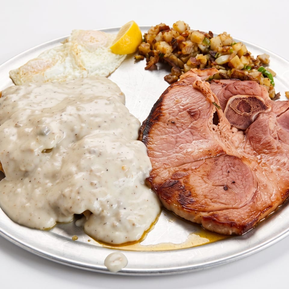 Hearty breakfast platter with country fried steak, gravy, ham, fried eggs, and home fries.