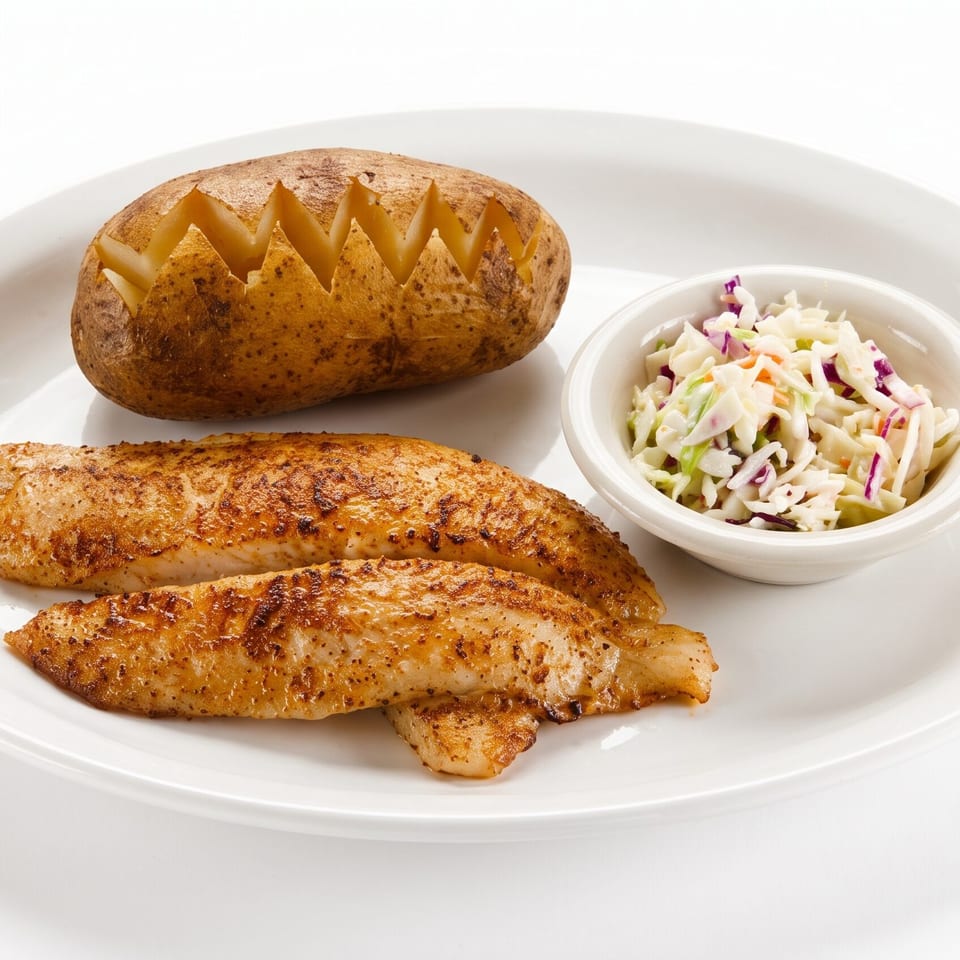 Grilled fish fillets, a baked potato with a zig-zag cut, and coleslaw on a white plate.