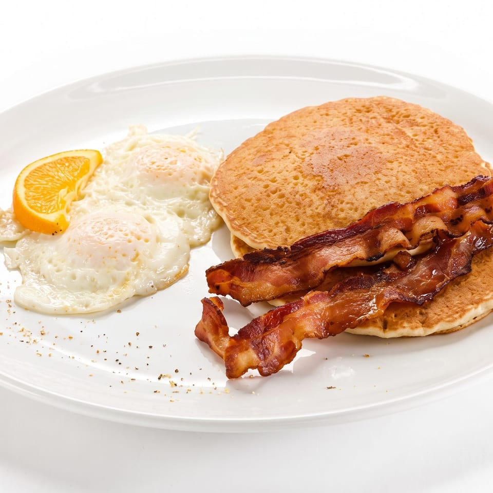 Breakfast plate with pancakes, crispy bacon, fried eggs, and an orange slice.