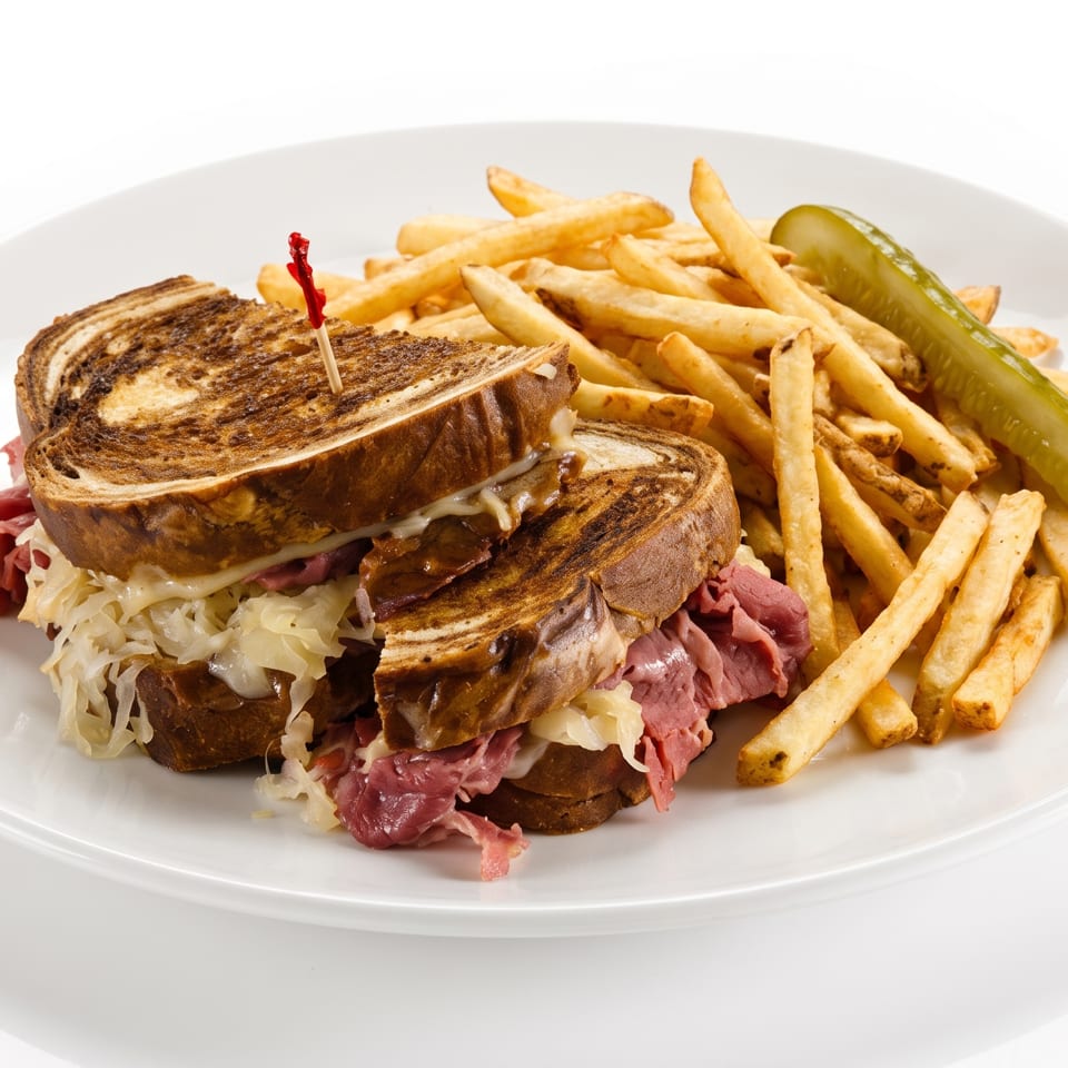 Reuben sandwich with corned beef, sauerkraut, and cheese, served with french fries and a pickle.