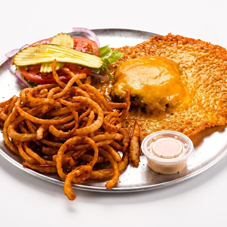 Cheeseburger with curly fries, pickles, onions, tomatoes, lettuce, and dipping sauce on a metal plate.
