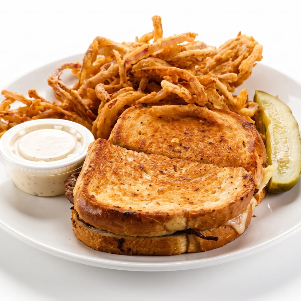 Grilled cheese sandwich with a side of crispy onion strings, a pickle spear, and dipping sauce.